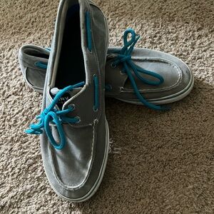 Gray Boat Shoes with Blue Accents